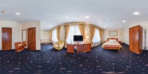 hdri 360 panorama view in vip bedroom room in luxury elite hotel in full in equirectangular...