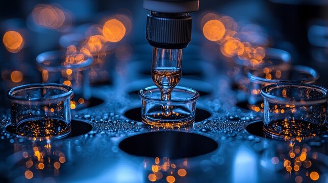 Pouring chemical solution into a test tube, symbolizing laboratory research and development. Scientist handling samples for chemistry or medicinal tests