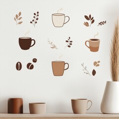 Obraz premium stickers showcase stylish coffee cups and beans arranged on a minimalist wall, perfect for decor or café themes. Generative AI