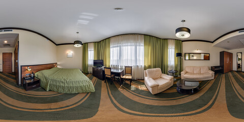 hdri 360 panorama view in vip bedroom room in luxury elite hotel in full in equirectangular...