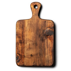 Fototapeta premium Dark Vintage Wooden Cutting Board With Handle Isolated On Transparent Background For Kitchen And Food Preparation.