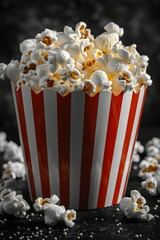 Popcorn spilling out of popcorn bucket. Movie theater popcorn against blue background. Product placement concept.
