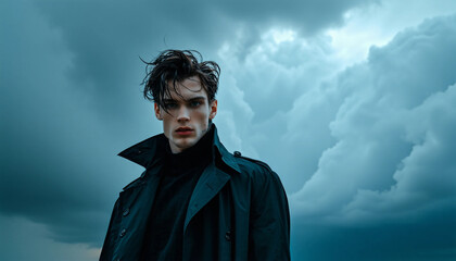 A male model in a high-neck trench coat with his collar popped, standing against a backdrop of dark