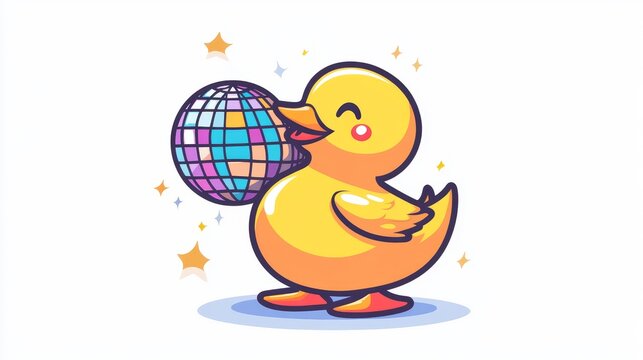 Fun and playful cartoon duck vector icon featuring a dancing rubber duck with a disco ball. Perfect for bathroom, shower, or party-themed designs. 