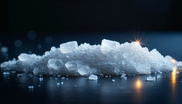 A magnified look at coarse sugar crystals scattered on a dark surface, with the light revealing thei
