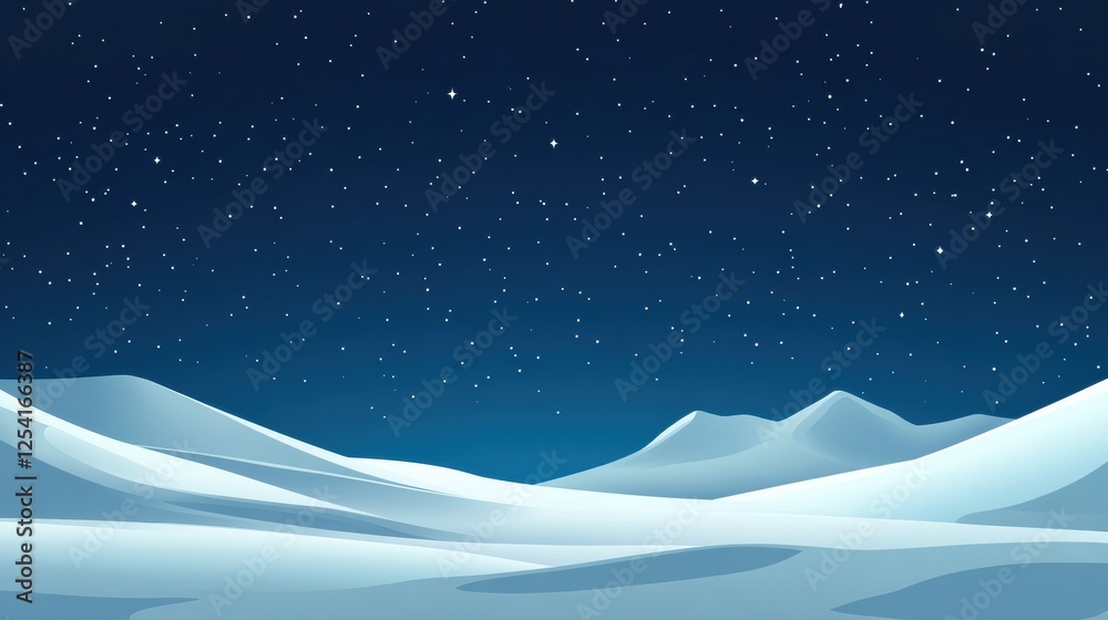 Poster snowy landscape under a starry sky with distant mountains and smooth snow covered hills during winte