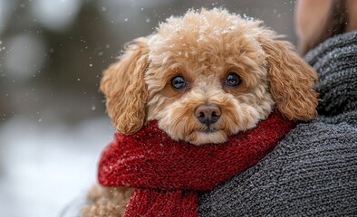 Happy pet and his owner enjoying a snowy winter holiday. Winter holiday mood. Man with a cute puddle dog wearing a red scarf. Film-filtered image