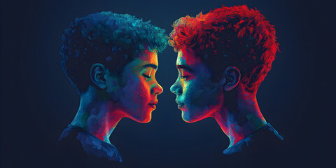 Vibrant Digital Art Portrait: Siblings' Emotional Expression and Color Contrast in Contemporary Surrealism