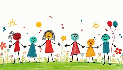Fototapeta premium A drawing of six happy children standing in a field among flowers and holding hands on a sunny day
