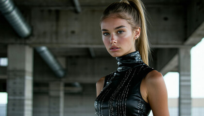 A model in a structured sleeveless top with metallic accents, her hair tied in a sleek ponytail, her