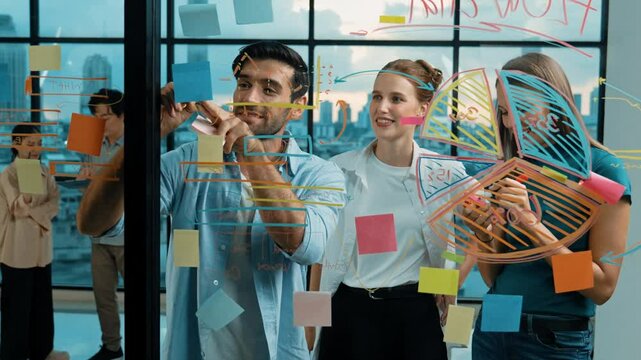 Professional business team brainstorming, working together, sharing idea while asian manager discuss about project. Group of businesspeople in casual outfit discussion about strategy. Tracery