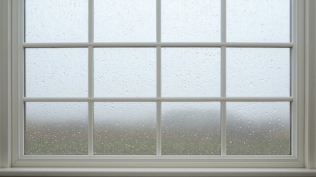 Rainy window view of misty landscape