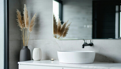 A clean and modern bathroom with a white floating sink, a frameless mirror, and soft gray walls, wit