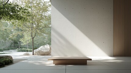 Modern bench in light-filled zen garden