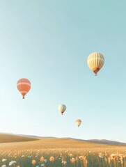 Fototapeta premium Hot air balloons gracefully rising over a vast golden field at sunrise. Generative AI