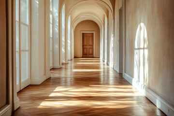 Fototapeta premium Long hallway with wooden floors and white walls, illuminated by a row of hanging pendant lights, leading to a bright window at the far end.