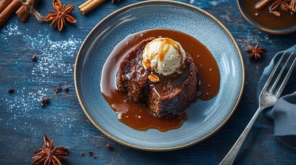 A plate of sticky toffee pudding with warm toffee sauce, served with a scoop of vanilla ice cream