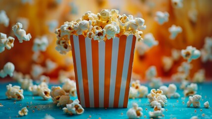 Popcorn spilling out of popcorn bucket. Movie theater popcorn. Product placement concept.