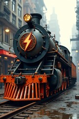 Naklejka premium Vintage Steam Train with Lightning Symbol in Urban Setting