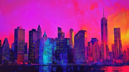 Fototapeta premium Neon city skyline with skyscrapers in pop art retro style, reminiscent of the 50s and 60s. 
