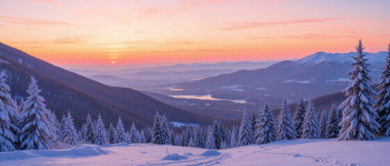 Winter landscape with snow-covered mountains and pine trees at sunset, evoking Quiet Reflection & Introspection (Winter Stillness) as light softly illuminates the tranquil scene