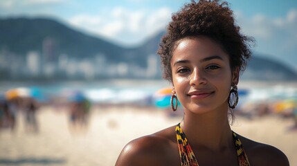 Close up portrait of young, black Brazilian woman at Copacabana beach