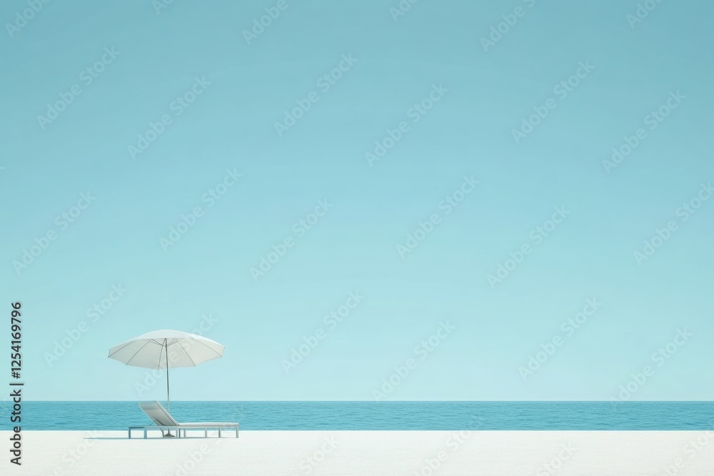 Poster relaxing beach with a lounge chair under a white umbrella and calm waves under a clear blue sky. gen