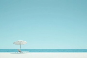 Relaxing beach with a lounge chair under a white umbrella and calm waves under a clear blue sky. Generative AI