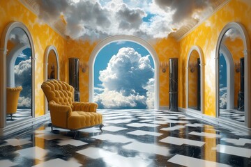 Dreamy cloudscape room with yellow walls surreal interior design tranquil environment wide angle view imagination unleashed