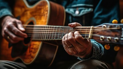 Obraz premium Acoustic guitar close-up, close-up of hands strumming an acoustic guitar, wooden background