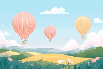 Fototapeta premium Hot air balloons soar above a colorful field on a sunny day in a picturesque landscape. Generative AI