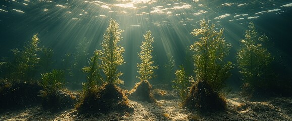 Obraz premium Underwater Sunlight Illuminates Seagrass, Sandy Bottom