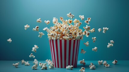 Popcorn spilling out of popcorn bucket. Movie theater popcorn against blue background. Product placement concept.
