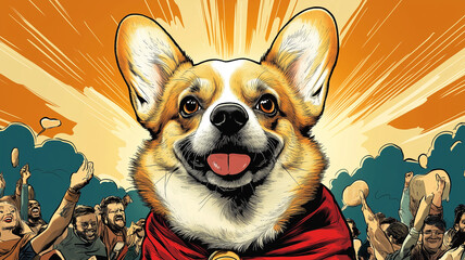 Cheerful superhero corgi in red cape, adored by cheering crowd, heroism and joy. AI Generative