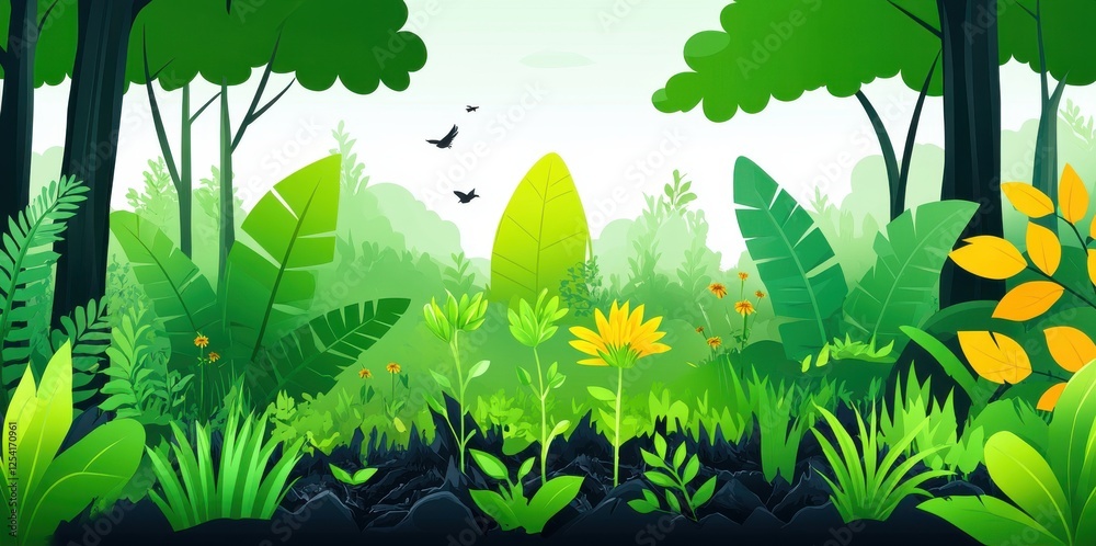 Canvas Prints Lush Green Jungle Forest with Vibrant Foliage and Exotic Plants, Birds in Tropical Nature Scene, Vector Illustration for Nature, Wildlife, Adventure, Conservation