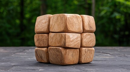 Naklejka premium Wooden puzzle cube sits on a dark stone surface against a blurred green forest background in natural daylight.