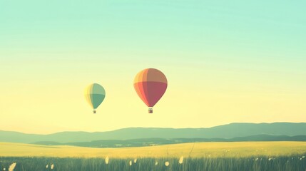 Obraz premium Hot air balloons drift serenely over a sprawling green field at sunrise with distant hills in the background. Generative AI