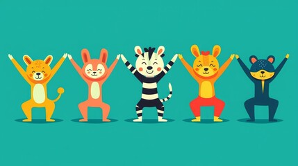 Fototapeta premium Healthcare International Kids Yoga Day Colorful cartoon animals in playful poses.