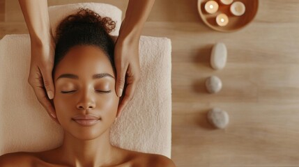 A young Black woman receives a relaxing facial massage at a spa. Soft lighting and candles create a serene atmosphere.
