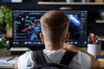 A young person sits focused at a desk, working on coding or programming