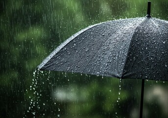 Photograph of a wet black umbrella, open, with raindrops.