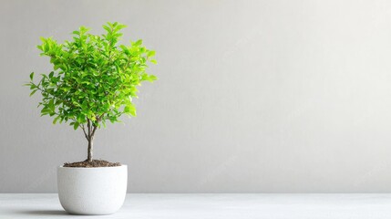 Small potted plant on white table, minimalist background, home decor