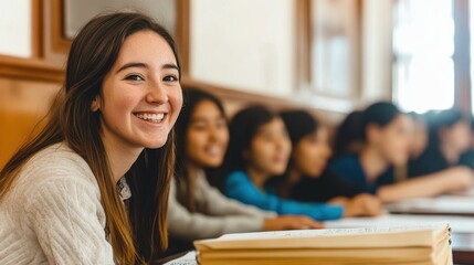 Fototapeta premium A girl is smiling and sitting in a classroom with other students. She is holding a book in front of her