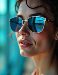 Focus on a lady's face while wearing sunglasses in a modern vibe atmosphere of blue tonality.