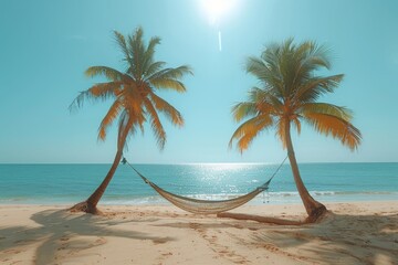 Hammock with palm trees on a tropical beach, summer sea in holiday background,