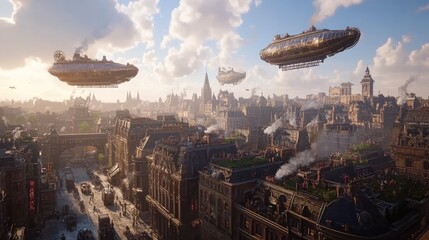 Naklejka premium A steampunk cityscape with airships hovering over intricate architecture and bustling streets.
