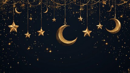 Ramadan or Al-Adha seamless decoration. Garland with hanging crescents and stars. Golden glitter ornaments. Muslim holidays border, frame. 