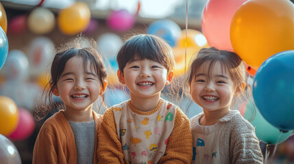 cheerful happy asian children, boys and girls at children's party, balloons, birthday, holiday, kids