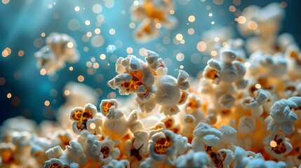 Popcorn spilling out of popcorn bucket. Movie theater popcorn. Product placement concept.