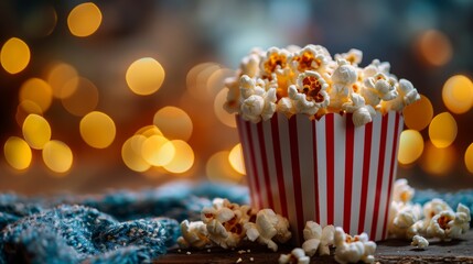 Popcorn spilling out of popcorn bucket. Movie theater popcorn. Product placement concept.